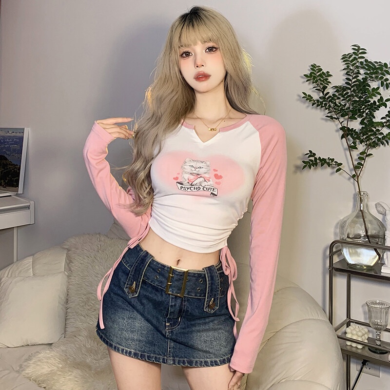 Kliou 2022 Mới Áo Croptop Tay Dài Cổ Chữ V Phối Dây Rút In Họa Tiết Mèo Dễ Thương Thời Trang Cho Nữ