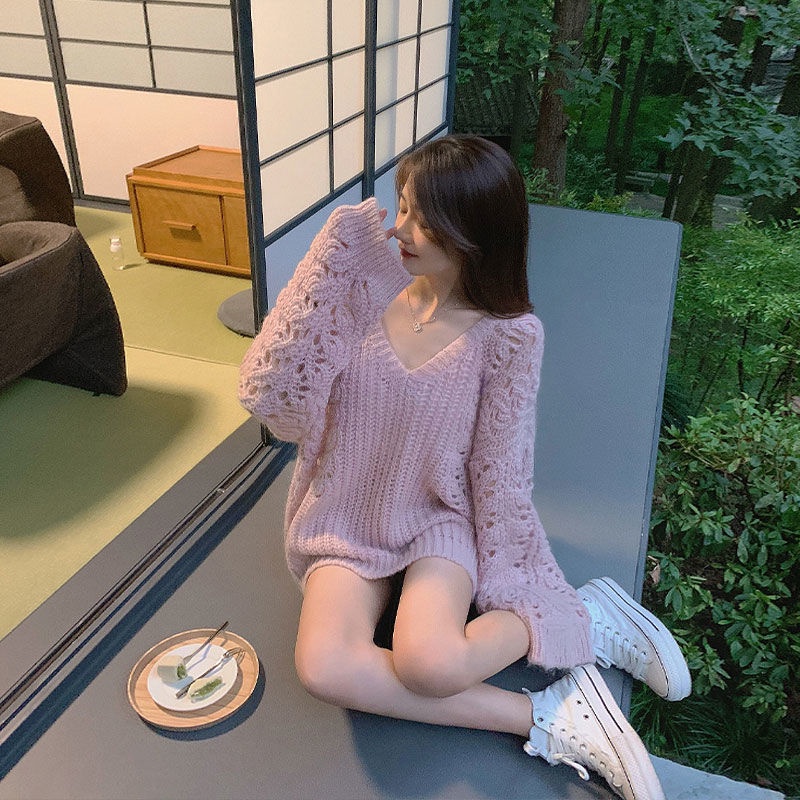 Jiashuchengv Áo Sweater Dáng Rộng Khoét Lỗ Rỗng Phong Cách Xuân Thu Mới Dễ Phối Đồ Cho Nữ