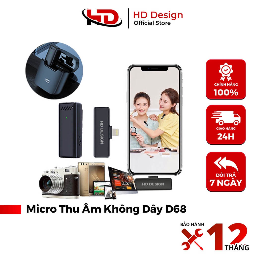 Micro Thu Âm Không Dây D68 HD Design Có Dock Sạc - Khử Tiếng Ồn - Phù hợp livetream -Quay video - Ghi âm- cho điện thoại