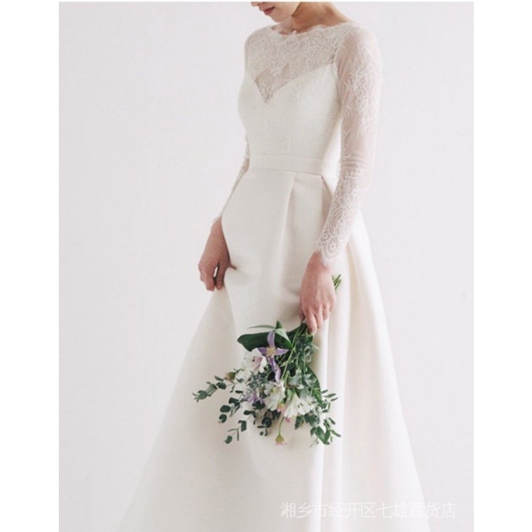 Đầm Cưới Vải Satin Phối Ren Tay Dài Phong Cách Mới 2022