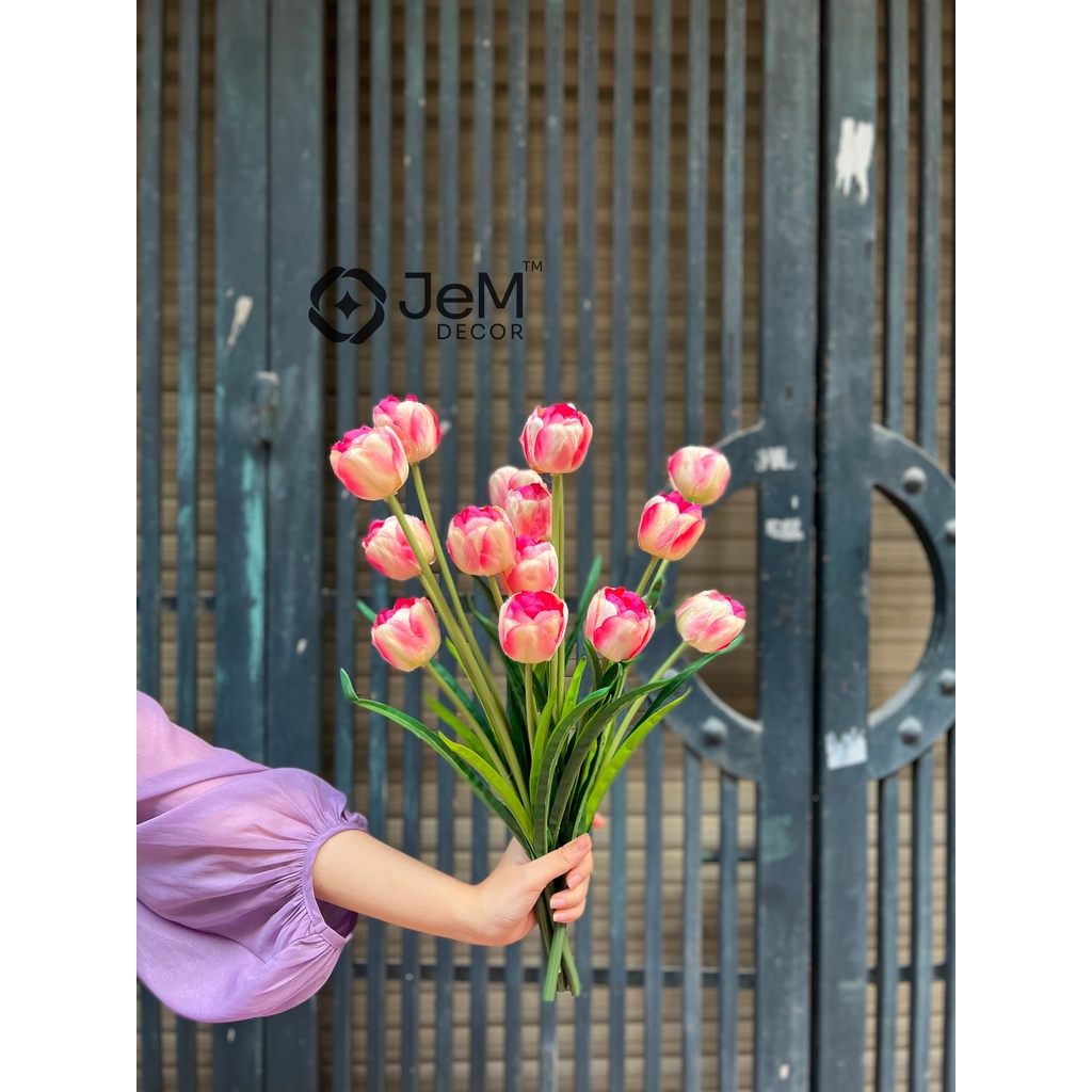 Hoa tulip cành kép 3 bông, hoa lụa giả, trang trí nhà cửa