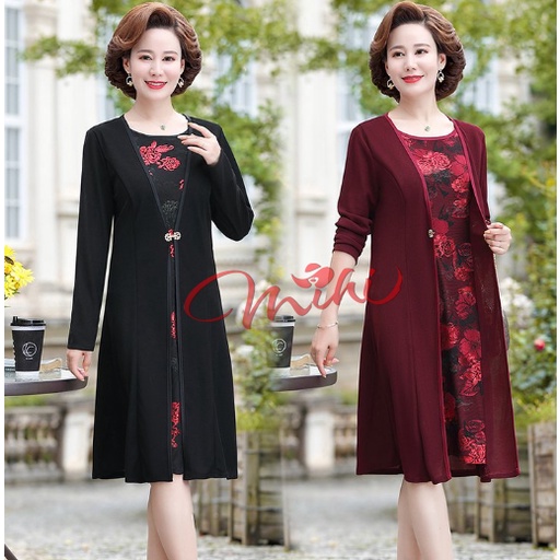 Váy đầm thu đông trung niên nữ cao cấp V37 dáng suông - Thời trang đẹp dự tiệc cho mẹ, người lớn tuổi sang trọng Bigsize