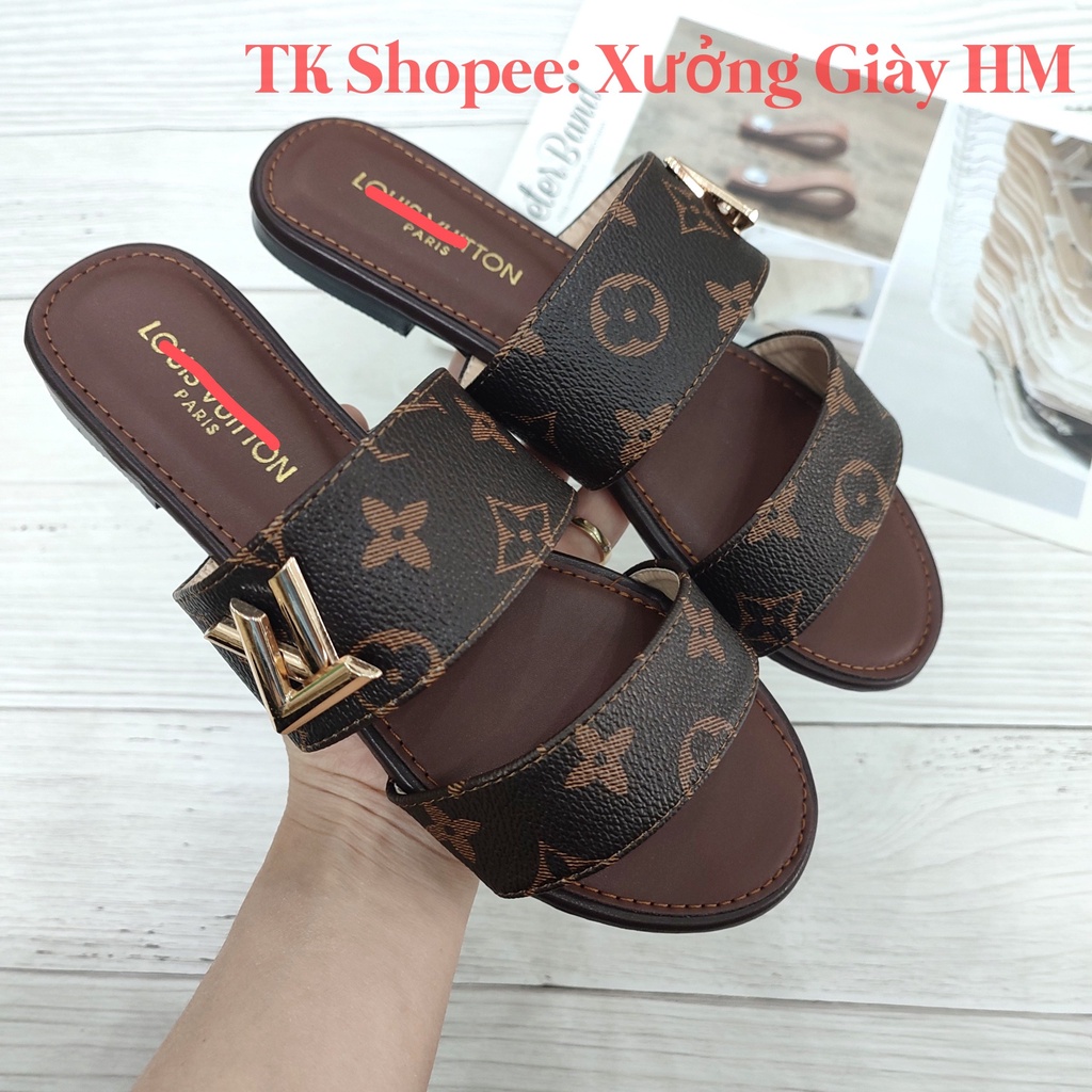 Dép Lê Nữ Thời Trang Các Màu 2 Quai Ngang Da Sần Đính Chữ LV Hàng Loại 1