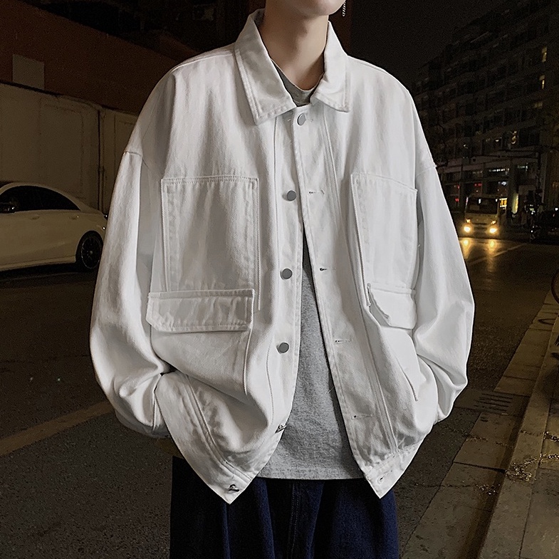 Áo khoác jean denim nam unisex form rộng basic trắng, áo khoát jacket jean nam nữ phong cách đường phố J2004 white