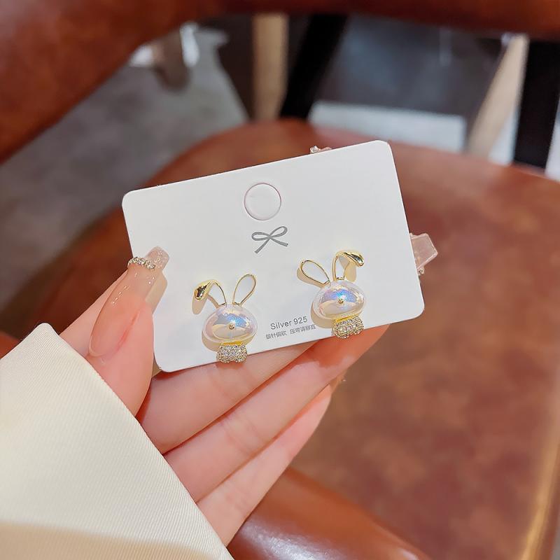 XiaoboACC Bông Tai Mạ Bạc 925 Hình Thỏ Đính Đá Zircon Thời Trang Hàn Quốc