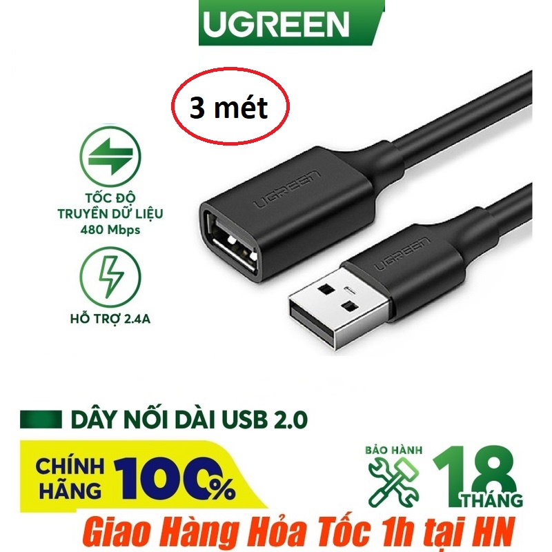 Dây Cáp Nối Dài USB 2.0 (1 Đầu Đực, 1 Đầu Cái) Dài 3M Ugreen 10317 - Hàng Chính Hãng