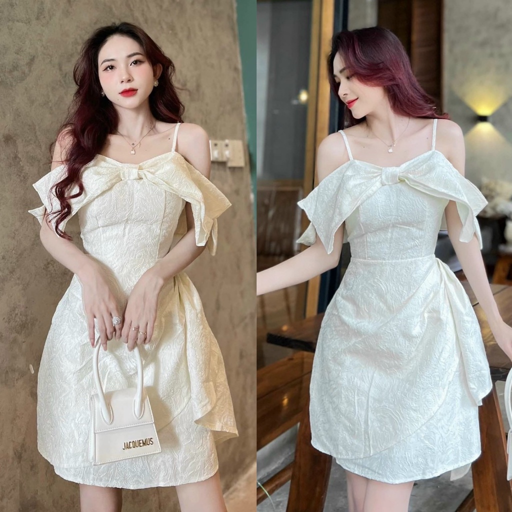 Đầm váy nữ trễ vai đan nơ 2 dây với 2 màu siêu xinh trắng, kem sữa tôn da, tôn dáng dành cho các tình yêu đi dự tiệc