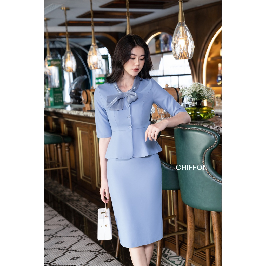 Set ký giả peplum cổ phối nơ thiết kế Chiffon