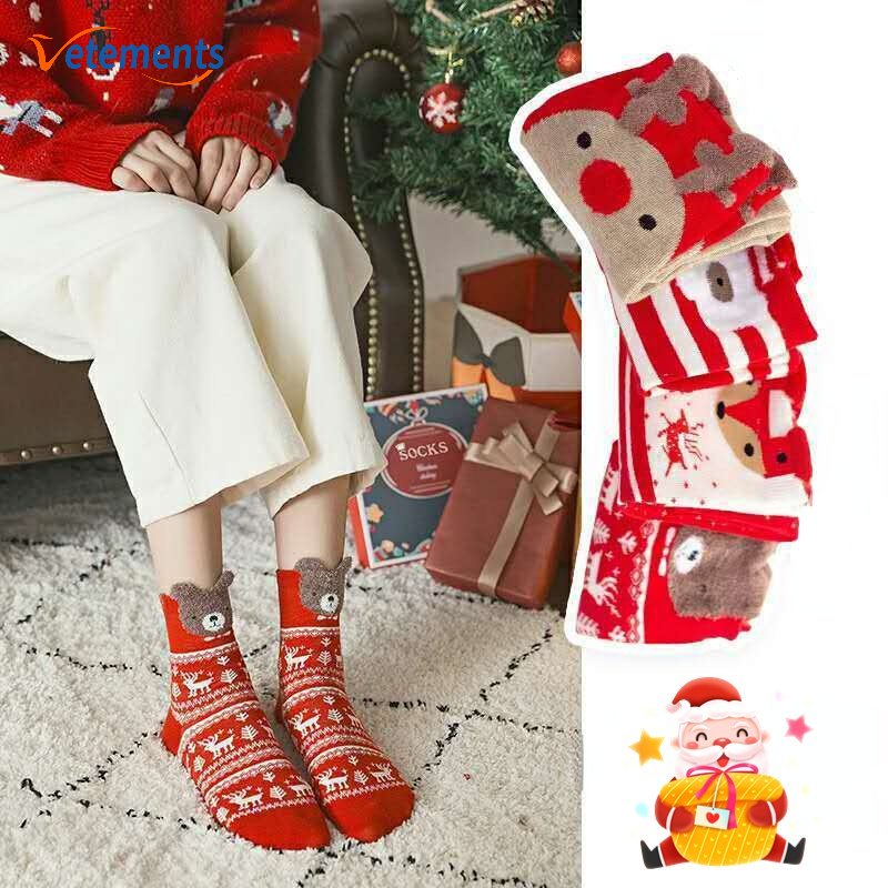 Vớ Đỏ Co Giãn Thoáng Khí In Hình Tai Gấu / Cáo / Tuần Lộc 3D Đáng Yêu Giáng Sinh Năm Mới