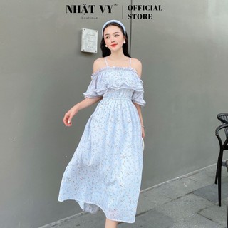 Đầm Trễ Vai Đi Chơi NHẬT VY Chất Voan 2 dây Dáng Maxi Bo Thun Ngực Màu Xanh Đen, X.Biển - D2312
