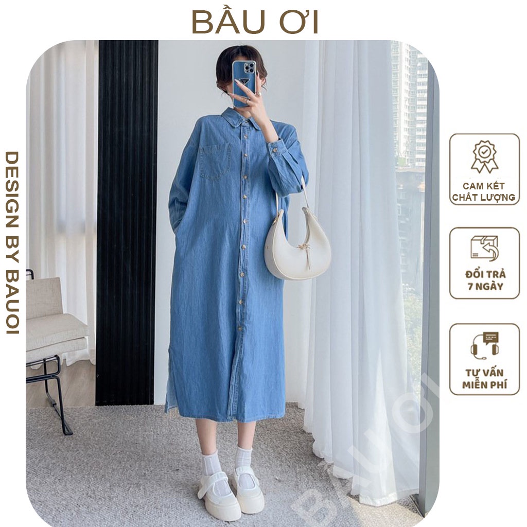 [BAUOII V117] VÁY BẦU THU ĐÔNG DÀI TAY CHẤT BÒ SIÊU ĐẸP - ĐẦM BẦU SƠ MI JEAN DÁNG SUÔNG RỘNG MẶC TRẺ TRUNG NĂNG ĐỘNG