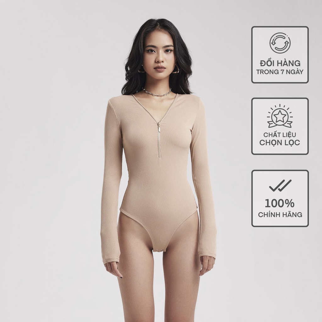Áo Dài Tay Cổ Tim Khóa Bodysuit Nữ BUSY Thun Tăm Co Giãn Ôm Sát DT14B