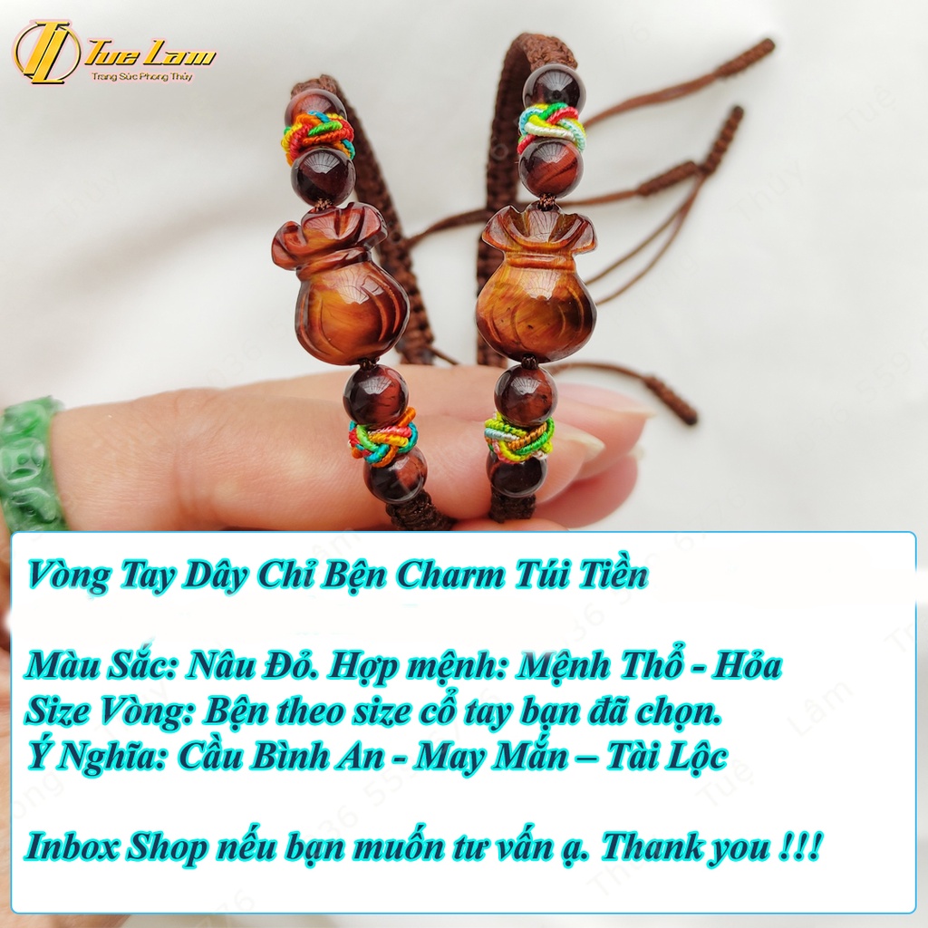 Vòng tay may mắn nữ dây chỉ bện charm túi tiền màu nâu đỏ hợp mệnh may mắn - Tuệ Lâm