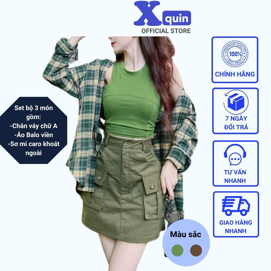 Set đồ nữ 3 món áo ba lỗ phối chân váy kaki kèm áo khoác caro siêu cá tính Xquin, Set bộ nữ phong cách Hàn Quốc