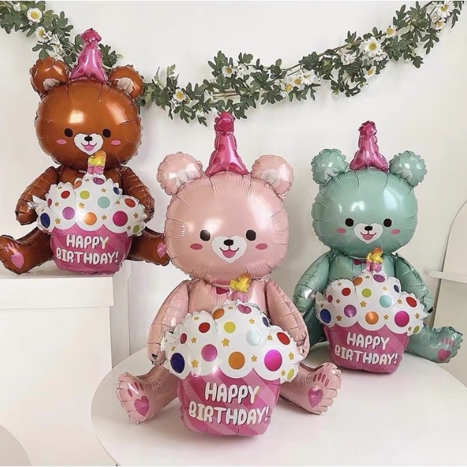 Bóng nhôm 3D Gấu Nâu, Gấu ôm bánh Khủng Long trang trí sinh nhật phong cách Hàn Quốc