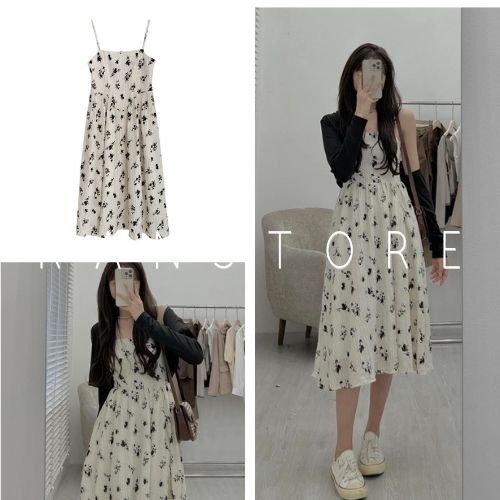 Bộ áo cardigan dài tay mix váy hai dây hoa nhí / Set đồ nữ dáng xòe mặc thu đông dễ phối đồ_ranstore