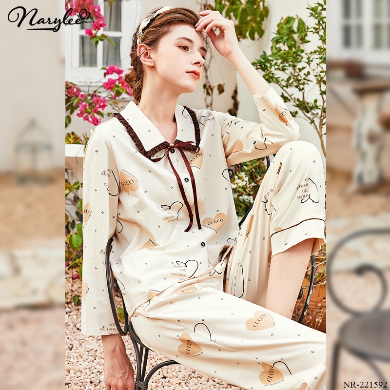 Bộ pijama cổ sen đính nơ dài tay thu đông chất cotton cao cấp thương hiệu Narylee