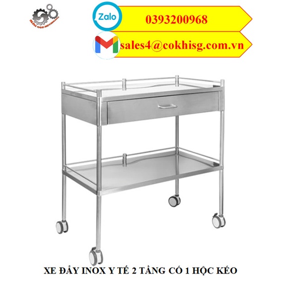 Xe đẩy y tế inox 2 tầng 3 hộc kéo
