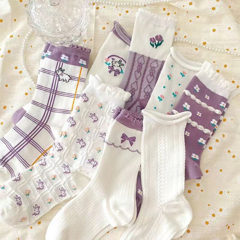 Đôi Vớ Cổ Cao Phối Ren Màu Tím Phong Cách lolita Dành Cho Nữ