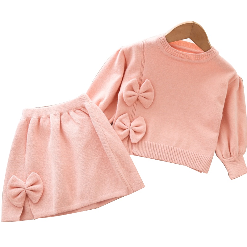 Bộ Áo Sweater Dệt Kim Đính Nơ Phối Chân Váy Dễ Thương Thời Trang Thu Đông Cho Bé Gái