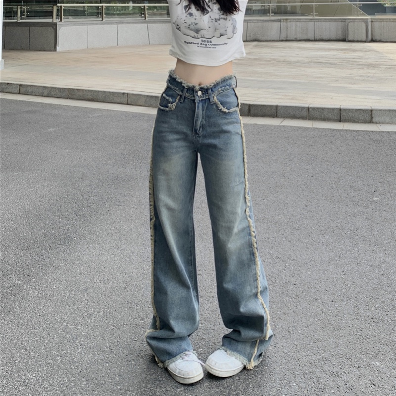 Quần Jean Nữ Ống Rộng Lưng Cao Phong Cách Retro Thời Trang