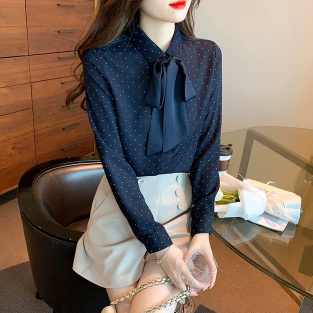 Áo Sơ Mi Chiffon Tay Dài Thắt Nơ Họa Tiết Chấm Bi Thời Trang Dành Cho Nữ