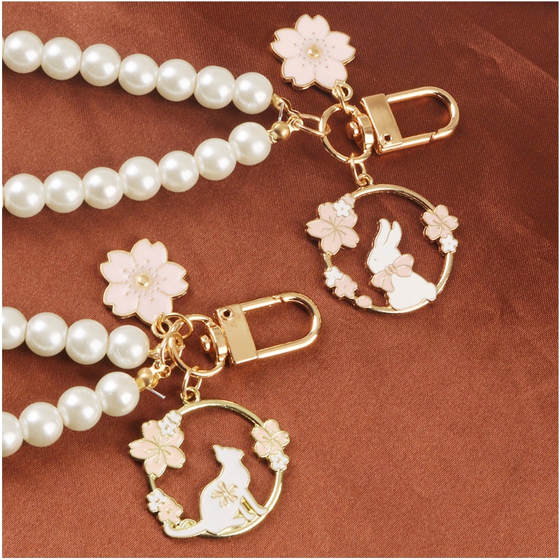 Móc Khóa Hình Thỏ / Mèo Bằng Kim Loại Đính Ngọc Trai Dễ Thương