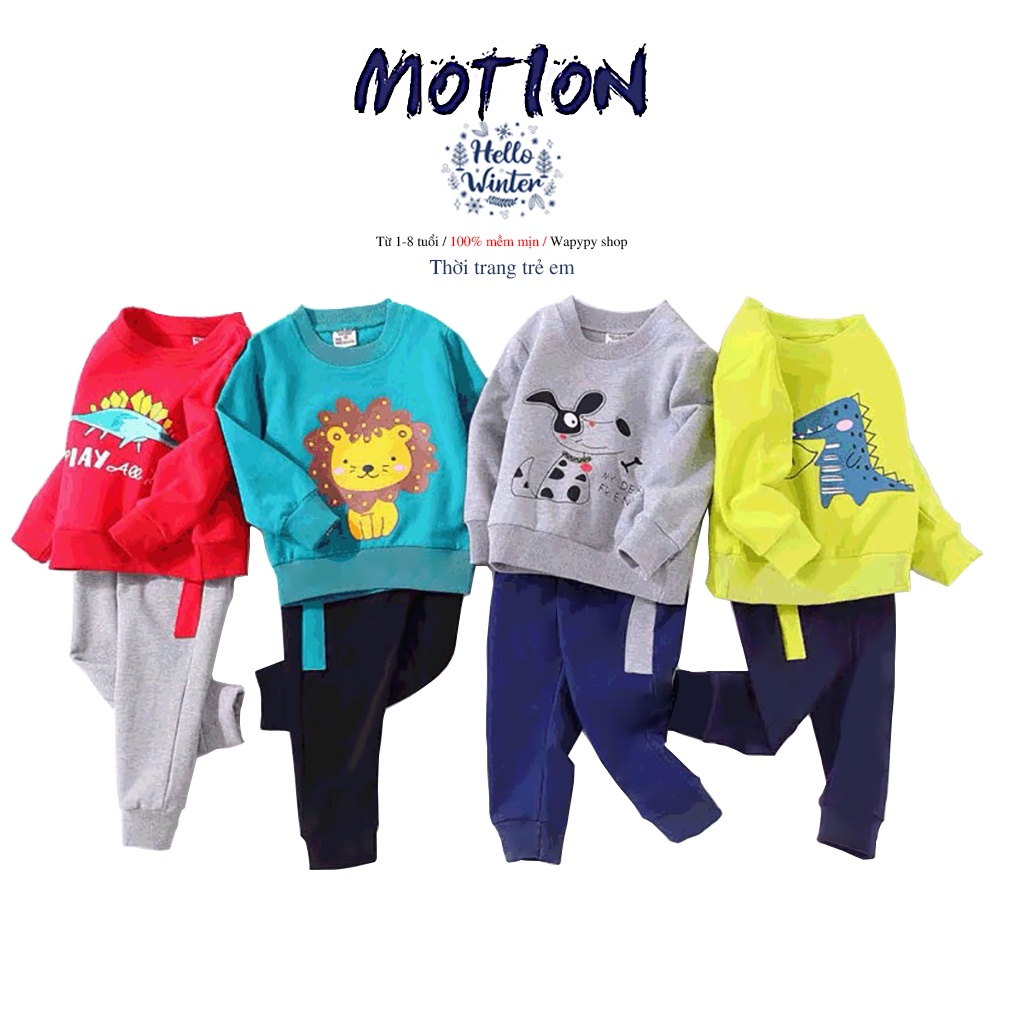 Bộ nỉ bé trai WELLKIDS bộ dài tay cho bé chất nỉ da cá hoạ tiết ngộ nghĩnh