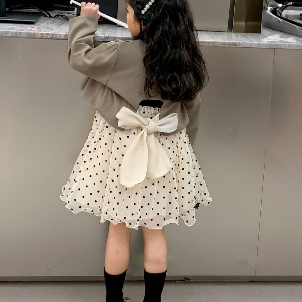 Bộ Đầm Tay Dài Phối Lưới Chấm Bi + Áo Khoác Thắt Nơ Phong Cách Hàn Quốc Thời Trang Mùa Thu Cho Bé Gái