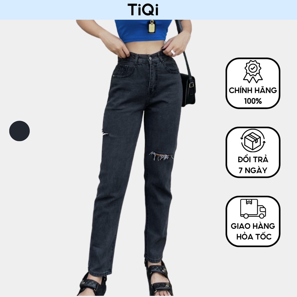 Quần jean bò baggy nữ rách gối Màu xám đen lưng cao có bigsize TiQi Jeans B1-235