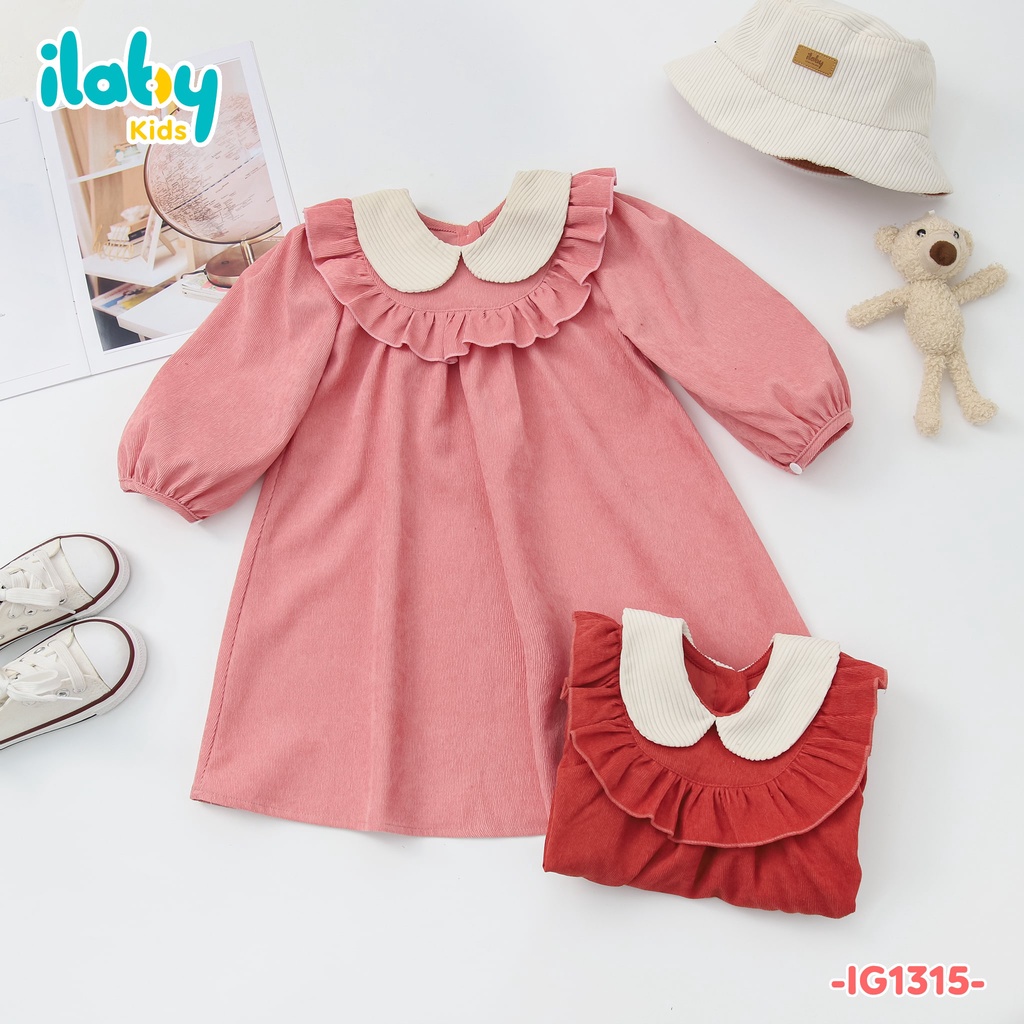 Váy nhung bé gái ILABY cổ phối can bèo chất liệu nhung tăm mềm mại cho bé 10-35kg