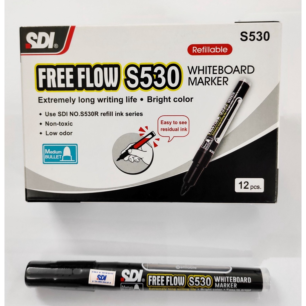 Viết lông bảng chính hãng SDI S530 WHITEBOARD MARKER ngòi 1.5mm, màu đậm, có ruột thay thế, lau sạch, có tem chống giả