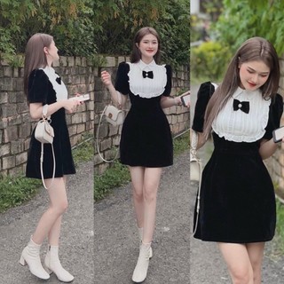 Đầm váy nữ chất umi phối cổ bèo dập ly đính nơ thời trang kiểu cách đi chơi, đi dự tiệc hoặc công sở