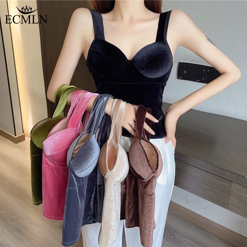 Áo croptop ECMLN hai dây vải satin phong cách vintage gợi cảm cho nữ