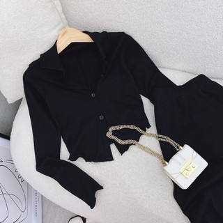 SET ÁO ĐEN CỔ VEST CHÂN VÁY DÀI