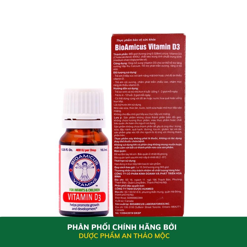 Bioamicus Vitamin D3 bổ sung Vitamin D3 hỗ trợ phát triển xương răng chắc khỏe cho bé hộp 1 lọ 10.3ml