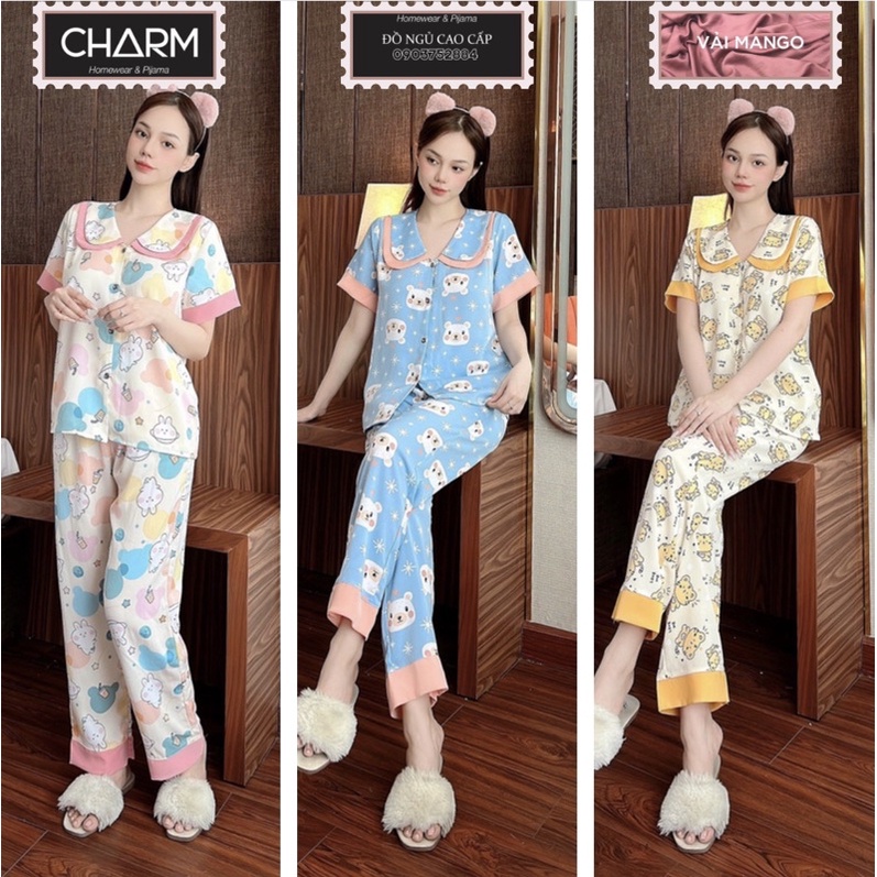 Đồ bộ nữ lụa ngủ pịama tay ngắn quần dài dễ thương mặc nhà cao cấp KALINA