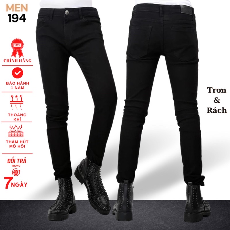 Quần jean nam đen Men194 trơn & rách vải jeans bò cotton duck cao cấp mềm mịn, co dãn - form slim fit [có Bigsize]