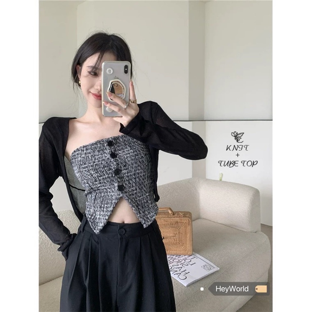 ☂✔Xiaoxiang ~ Áo Ống Kẻ Sọc Caro Nhỏ Xẻ Tà Một Hàng Nút Màu Đen Chống Nắng Mùa Hè Nóng Bỏng Cho Nữ