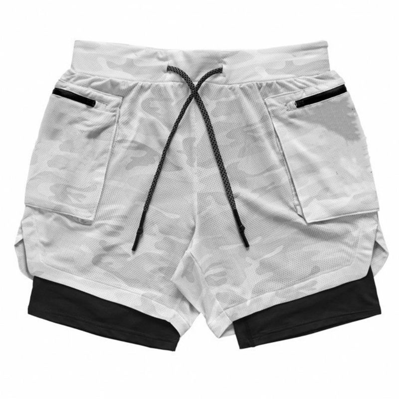 Quần Short Thể Thao 2 Trong 1 Phối Khóa Kéo Họa Tiết Rằn Ri Cá Tính Cho Nam