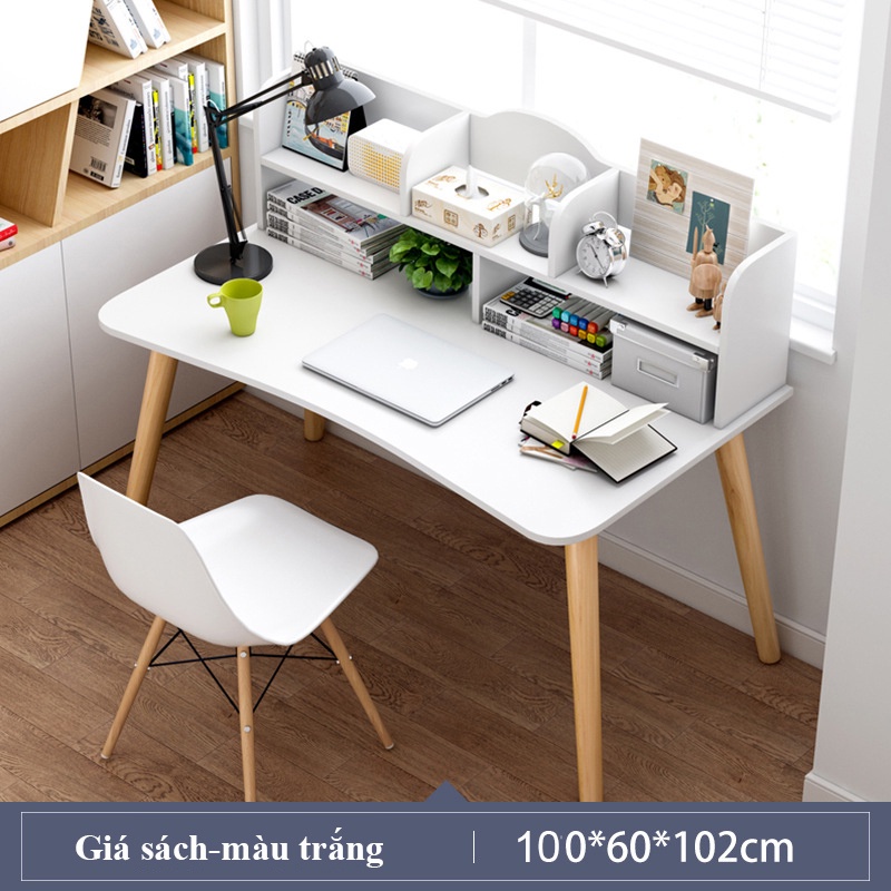 Bàn làm việc phong cách Bắc Âu có hộc tủ chân gỗ tự nhiên, bàn học kèm gia sách chất liệu gỗ MDF cao cấp