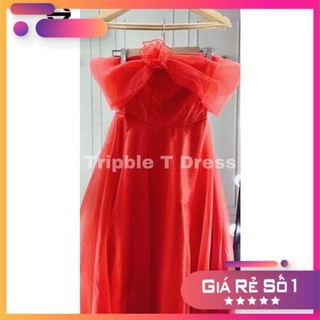 Đầm maxi xòe mặc cưới nhẹ nhàng bẹt vai phối hoa hồng TRIPBLE T DRESS - size S/M/L - MS30Y