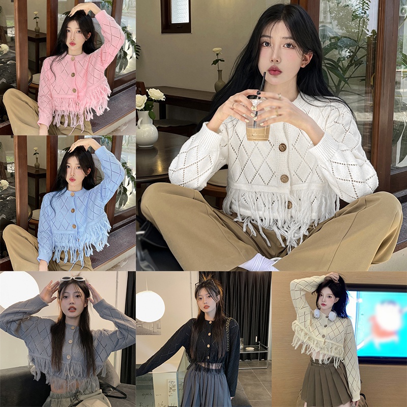 Áo Khoác Cardigan Dệt Kim Phối Tua Rua Thời Trang Hàn Quốc Cho Nữ