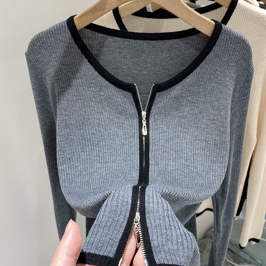 Áo Khoác Cardigan Dệt Kim Tay Dài Phối Khoá Kéo Cho Phái Nữ