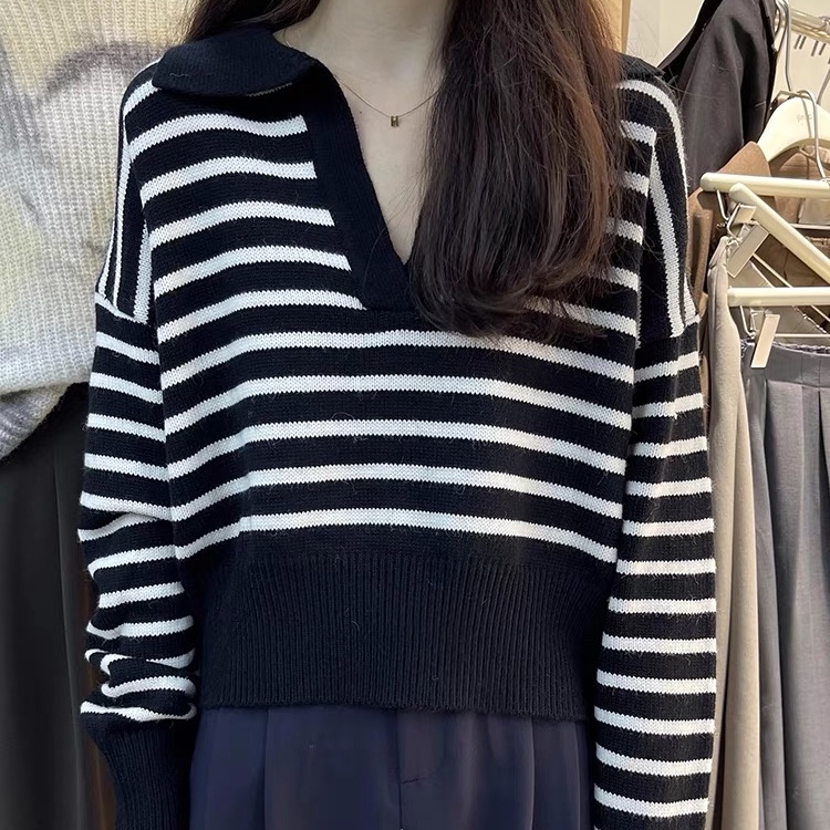 SUXI Áo Polo Dệt Kim Kẻ Sọc Màu Sắc Tương Phản Phong Cách Hàn Quốc Thời Trang Mùa Thu Cho Nữ
