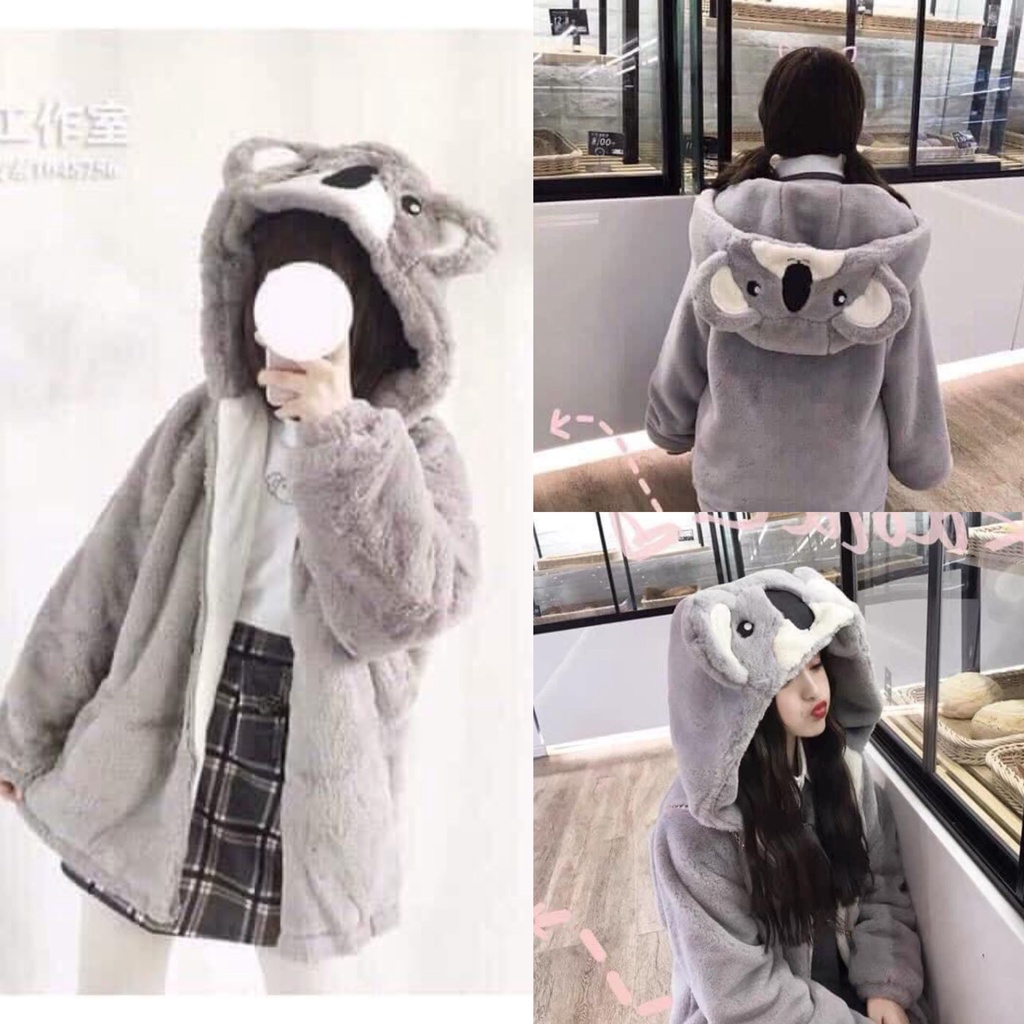 Áo Lông Cừu Hàn Quốc Thêu mặt Gấu Xám Đáng Yêu Siêu Ấm Áp