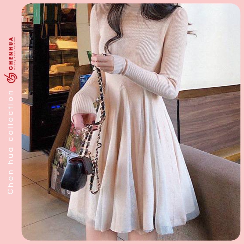 Váy len dài tay ChenHua đầm len nữ dáng ngắn chất len dày dặn đẹp VT13