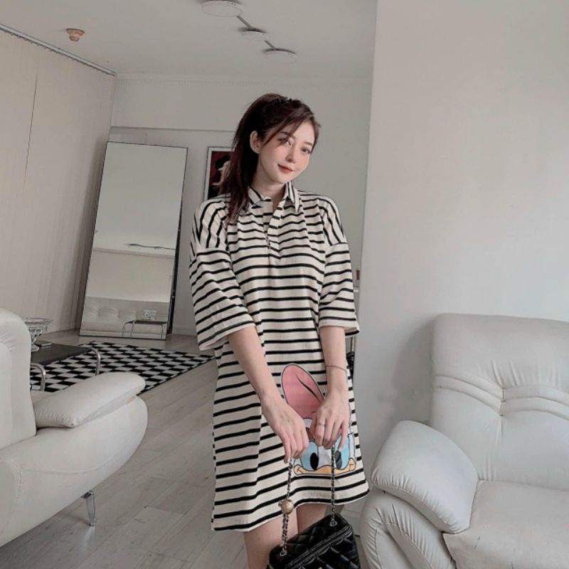 Đầm Suông Sọc Ngang,in hình VỊT DONAL dễ thương, cổ sơ mi. Thương 90 shop