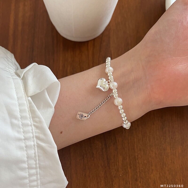 Vòng tay Ngọc trắng bi bạc trái tim bạc 925 Minh Tâm Jewelry