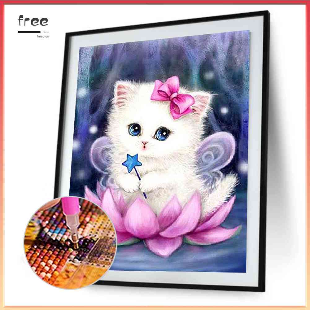 Bộ Tranh Đính Đá 5D DIY Hình Mèo Và Hoa Sen Để Trang Trí Nhà